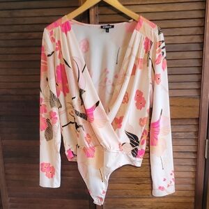 Express Women's Floral Wrap Top - Pink and Cream